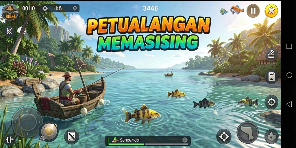 Gameplay menantang dan menyenangkan dalam 3446 dengan aksi memancing yang mendebarkan.