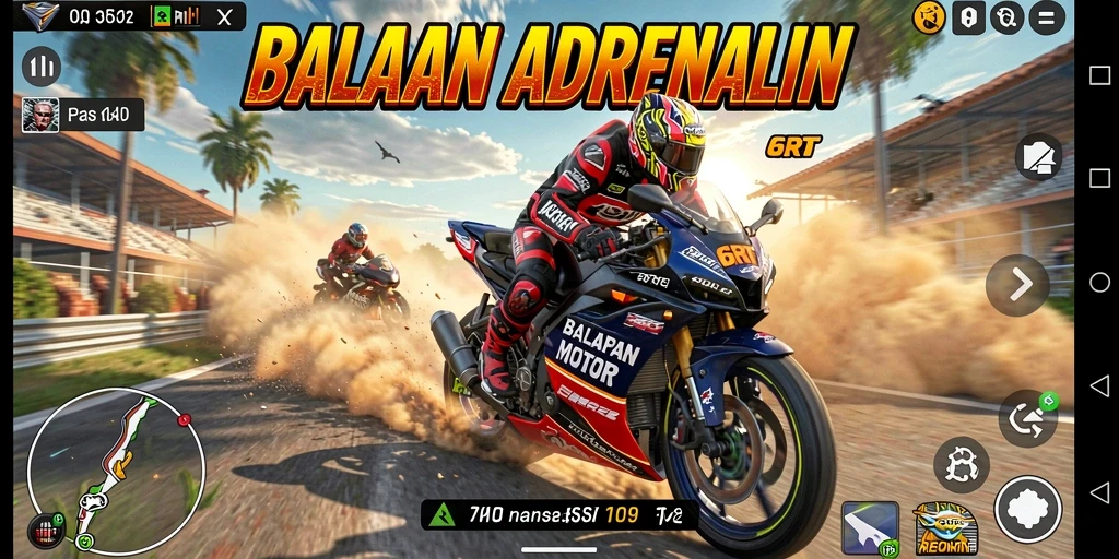 Screenshot gameplay menampilkan balapan motor yang mendebarkan.