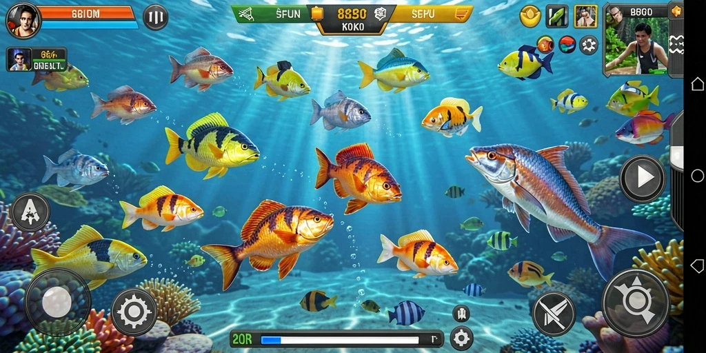 Tangkapan layar gameplay seru di 8QR dengan aksi memancing ikan.