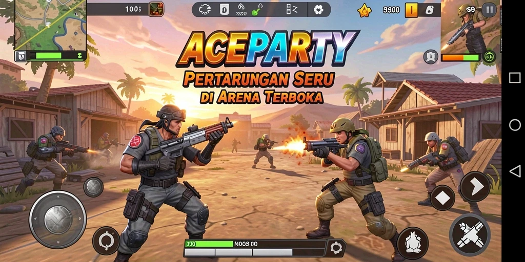 Tangkapan layar utama ACEPARTY menampilkan aksi pertarungan yang intens.