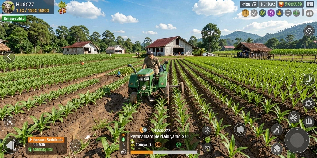 Screenshot utama HUGO77 dengan tampilan ladang yang subur dan interaksi pemain.