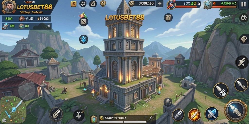 Tampilan gameplay seru dalam LOTUSBET88 menampilkan berbagai menara dan musuh yang menyerang.