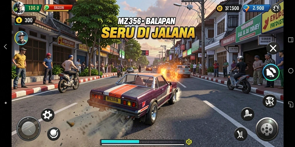 Screenshot MZ356 menunjukkan aksi balapan mendebarkan di trek yang beragam.