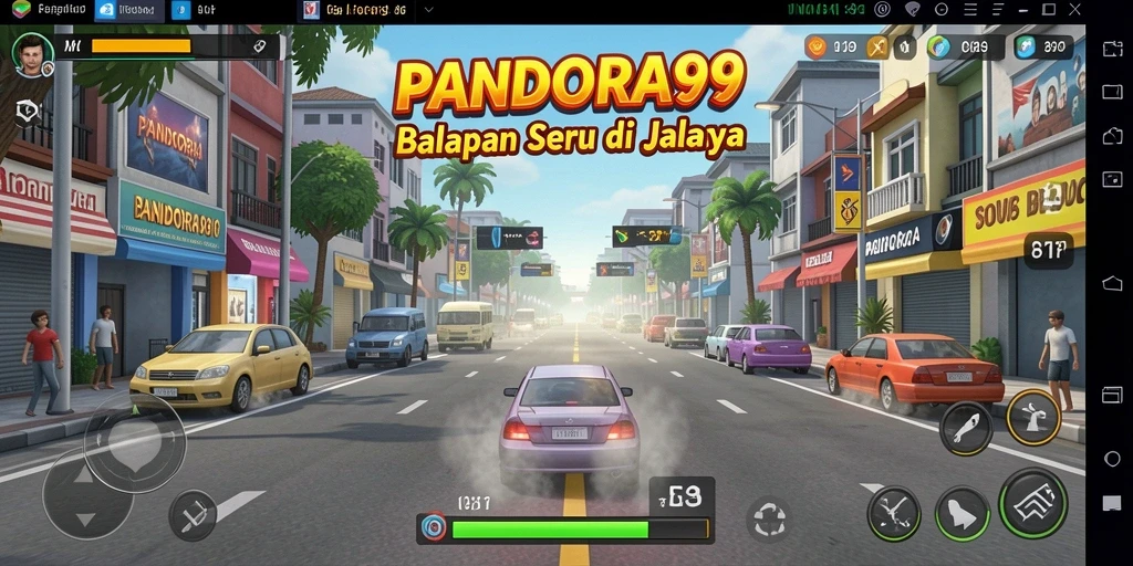 Tampilan seru gameplay balapan PANDORA99 dengan mobil cepat.