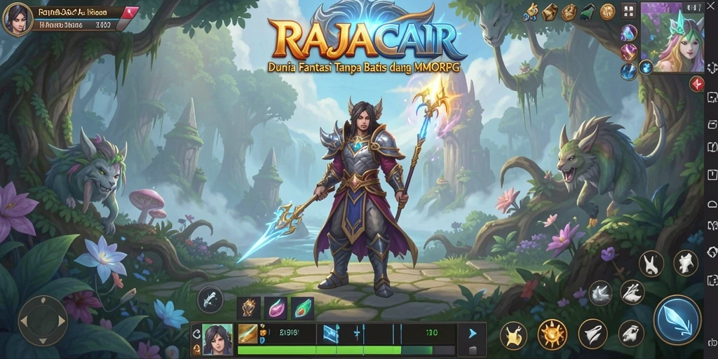 Screenshot gameplay menampilkan pertempuran seru di dunia fantasi RAJACAIR.
