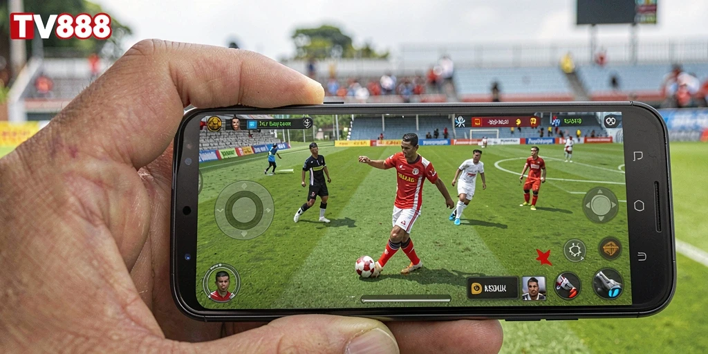 Screenshot gameplay TV888 menampilkan adegan pertandingan sepak bola yang seru.