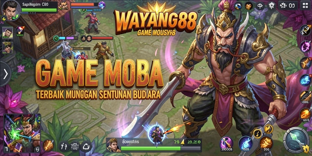 Tampilan gameplay MOBA dengan karakter wayang yang menarik.